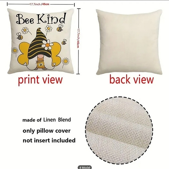 New Home Deco Linen Blend Set of 4 Bee Theme Pillowcases - Picture 7 of 8